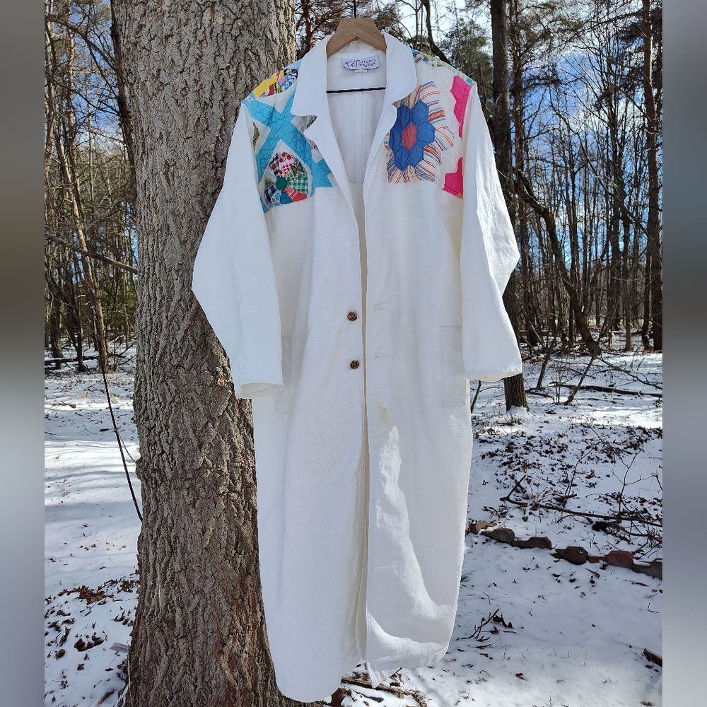 White Quilted Duster Jacket Upcycled Patchwork KAS Originals 80s Cotton One Size